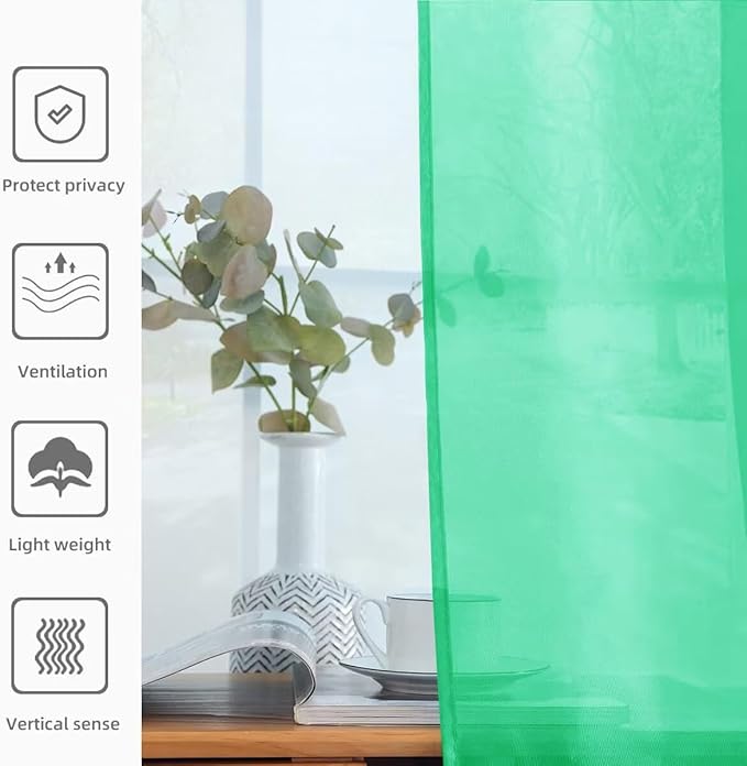 youleyar Solid Sheer Rod Pocket Curtain Voile Draperies 2 Panels White Beige Black Grey Ivory 52 Inch Width 96 Inch Long 1 Pair for Kitchen Bedroom Children Living Room Yard (Grass Green,52Wｘ96L)