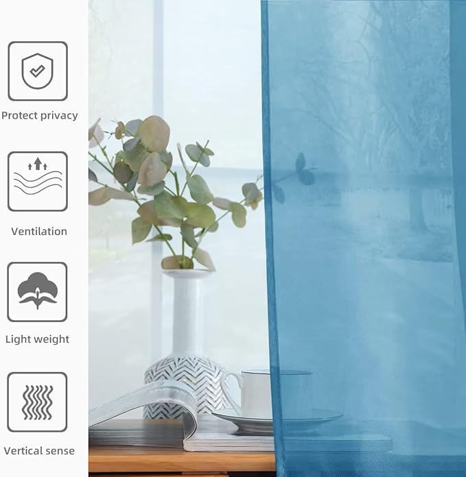 youleyar Solid Sheer Rod Pocket Curtain Voile Draperies 2 Panels White Beige Black Grey Ivory 52 Inch Width 108 Inch Long 1 Pair for Kitchen Bedroom Children Living Room Yard (Blue,52Wｘ108L)