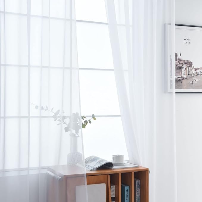 SpaceDresser Basic Rod Pocket Sheer Voile Window Curtain Liners White 2 Panels 42 Width 63 Inch Long for Kitchen Bedroom Children Living Room Yard（White，42Wx 63L）