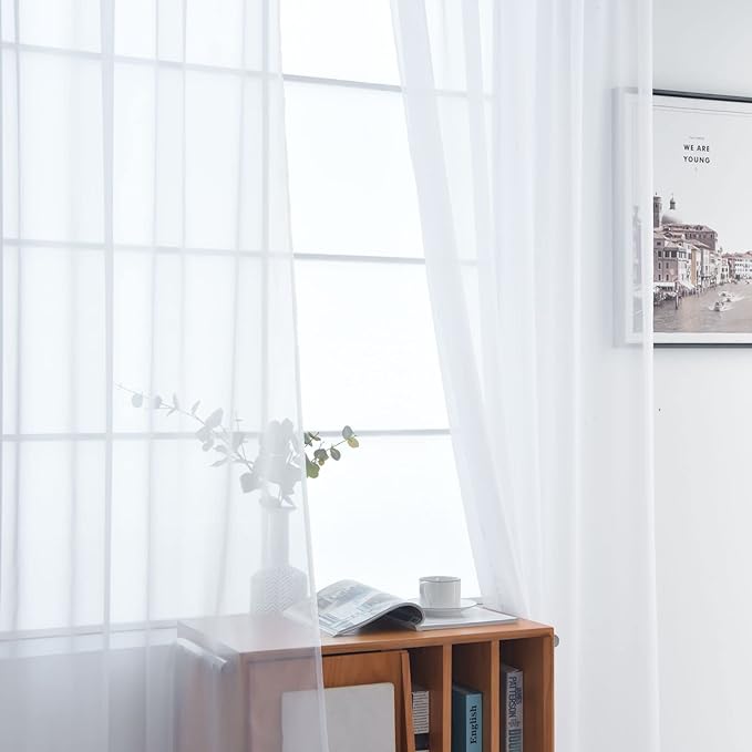 SpaceDresser Sheer Voile Window Treatment Rod Pocket Curtain Panels for Kitchen Bedroom Living Room Drapes Sunlight Filtering Privacy Semi Home Decor Assorted (White, 52 W x 128 L)