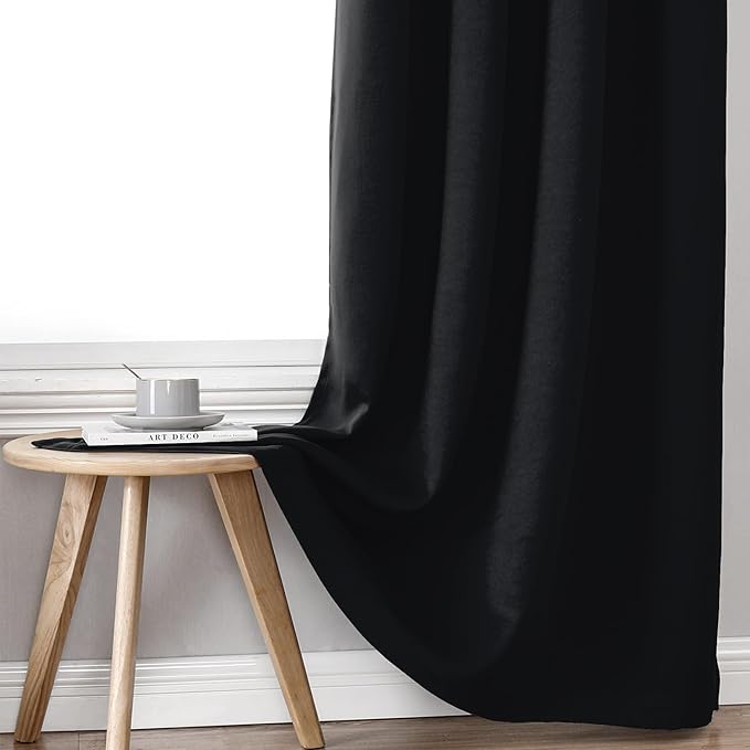 ChrisDowa 100% Blackout Curtains for Bedroom with Black Liner, 2 Thick Layers Total Blackout Thermal Insulated Grommet Window Curtains 2 Panels Set (Black, 42 x 63 Inch)