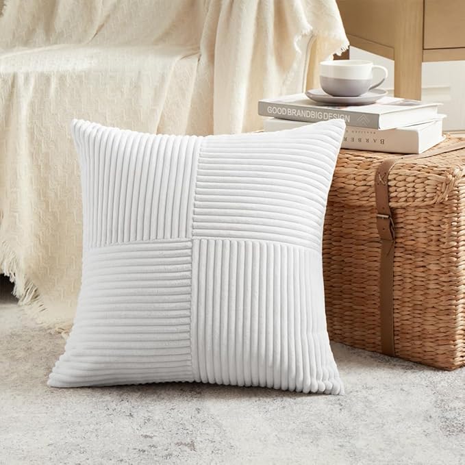 Fancy Homi 2 Packs Pure White Decorative Throw Pillow Covers 20x20 Inch for Living Room Couch Bed Sofa, Rustic Farmhouse Boho Home Decor, Soft Corss Corduroy Patchwork Accent Cushion Case 50x50 cm