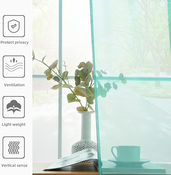 youleyar Solid Sheer Rod Pocket Curtain Voile Draperies 2 Panels White Beige Black Grey Coffee 52 Inch Width 96 Inch Long 1 Pair for Kitchen Bedroom Children Living Room Yard (Turquoise,52Wｘ96L)