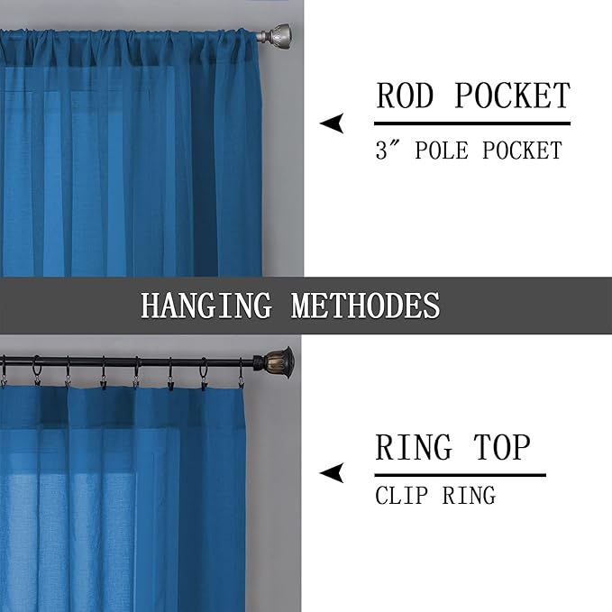 Tollpiz Short Sheer Curtain Linen Textured Living Room Curtains Sheer Light Filtering Rod Pocket Voile Curtain for Bedroom, 42 x 54 inches Long, Classic Blue, Set of 2 Panels