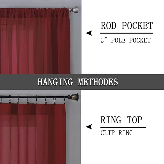 Tollpiz Sheer Curtains Linen Textured Bedroom Curtain Sheers Light Filtering Rod Pocket Voile Curtains for Living Room, 54 x 84 inches Long, Burgundy Red, Set of 2 Panels