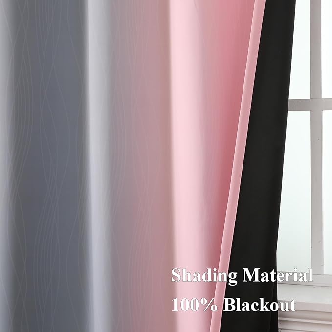 Estelar Textiler Ombre Grey and Pink Blackout Curtains 72 Inch Length 2 Panels, Full Room Darkening Blackout Curtains for Bedroom, Grommet Thermal Insulated Gradient Drapes for Kids Room, 52x72 Inch