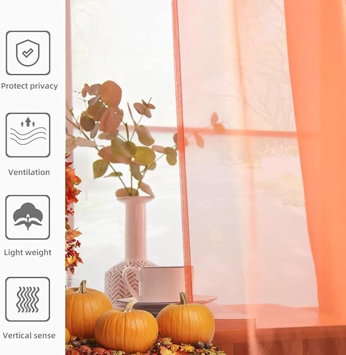 youleyar Solid Sheer Rod Pocket Curtain Voile Draperies 2 Panels White Beige Black Grey Coffee 52 Inch Width 72 Inch Long 1 Pair for Kitchen Bedroom Children Living Room Yard (Orange Red,52Wｘ72L)