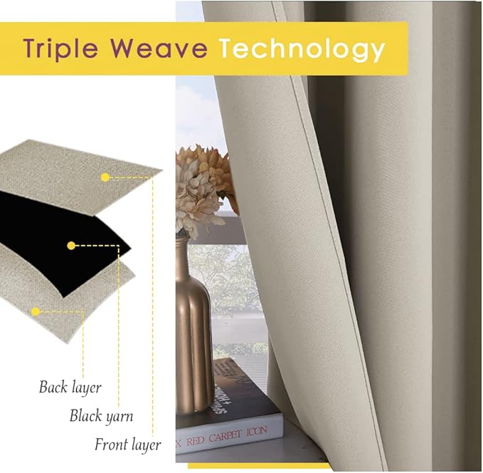 NICETOWN Natural Blackout Curtains Panels for Bedroom, 2 Panels, 52 x 92 Inch, 3 Pass Microfiber Noise Reducing Thermal Insulated Solid Ring Top Blackout Window Drapes