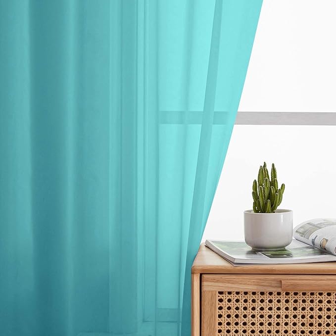 Sheer Turquoise Curtains for Bedroom Living Room 63 Inch Length 2 Panels, Airy Soft Light Filtering Sheer Dining Room Curtains, Modern Rod Pocket Drapes, Turquoise, Each 42" Wx63 L Inches