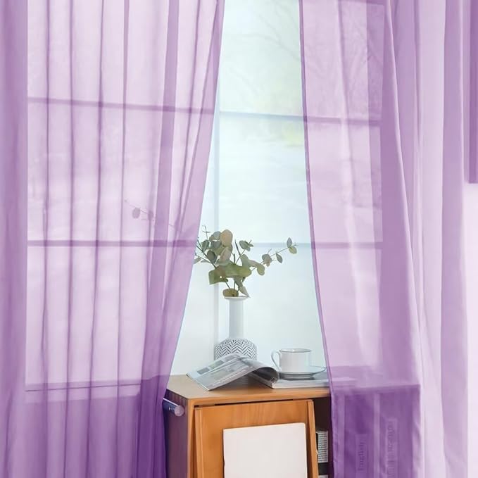 youleyar Solid Sheer Rod Pocket Curtain Voile Draperies 2 Panels White Beige Black Grey Coffee 52 Inch Width 108 Inch Long 1 Pair for Kitchen Bedroom Children Living Room Yard (Lavender,52Wｘ108L)