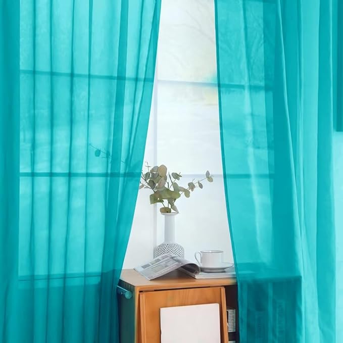 youleyar Solid Sheer Rod Pocket Curtain Voile Draperies 2 Panels White Beige Black Grey Coffee 52 Inch Width 72 Inch Long 1 Pair for Kitchen Bedroom Children Living Room Yard (Peacock Blue,52Wｘ72L)