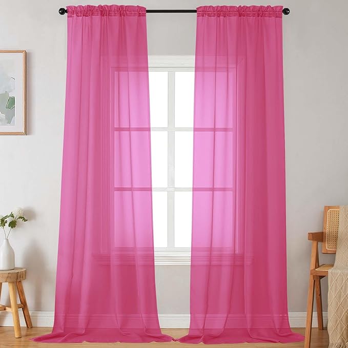 Extra Long Sheer Hot Pink Curtains for Bedroom Living Room 108 Inches Long 2 Panels Set, Solid Soft Light Filtering Rod Pocket Sheer Window Curtains, Hot Pink, Each 42" Wx108 L Inch