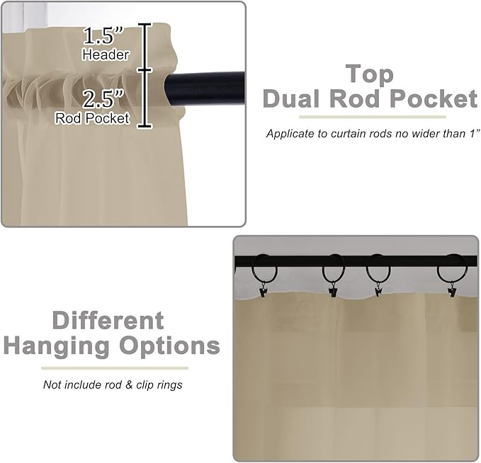 Taupe Sheer Curtain for Bedroom Living Room 78 Inches Long 2 Panels Set, Solid Soft Airy Light Filtering Sheer Window Curtains, Modern Rod Pocket Door Curtain, Taupe, 42" Wx78 L Inches