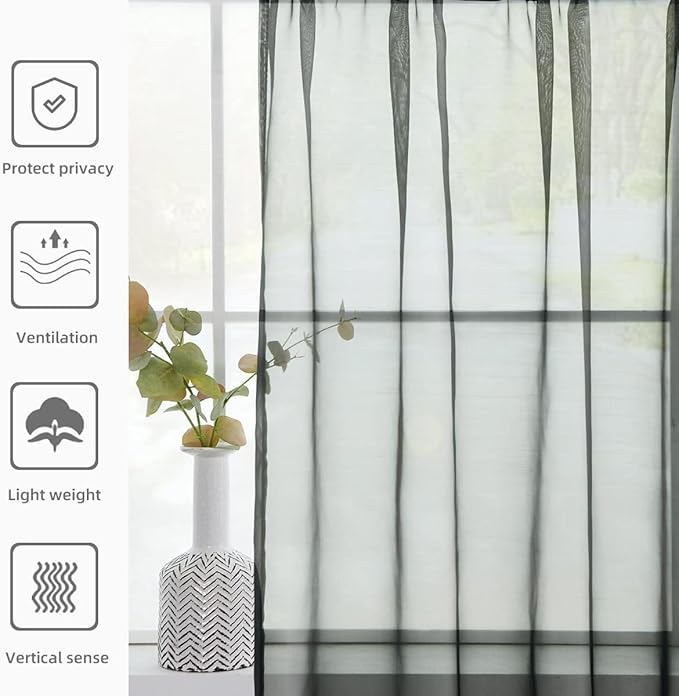 youleyar Solid Sheer Rod Pocket Curtain Voile Draperies 2 Panels White Beige Black Grey Coffee 60 Inch Width 63 Inch Long 1 Pair for Kitchen Bedroom Children Living Room Yard(Black,60Wｘ63L)