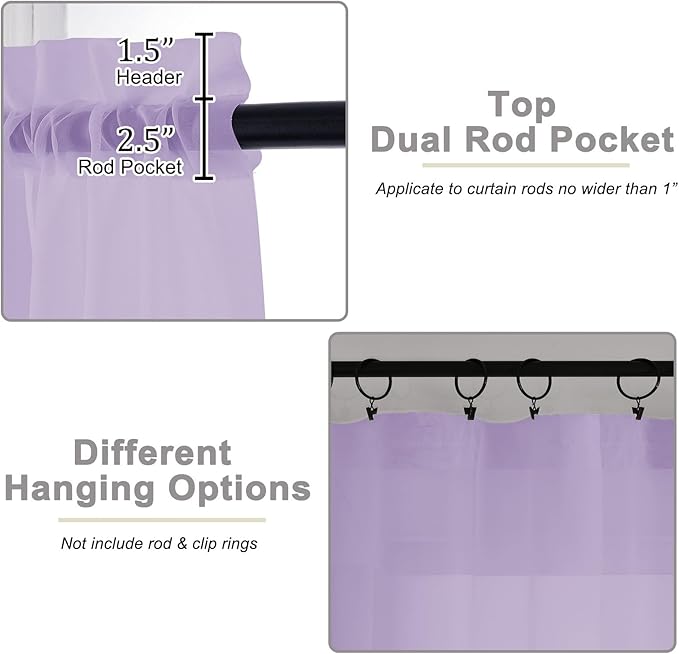 Lavender Sheer Curtain for Bedroom Living Room 72 Inches Long 2 Panels Set, Solid Soft Airy Light Filtering Sheer Window Curtains, Modern Rod Pocket Door Curtain, Lavender, 42"Wx72"L Inches