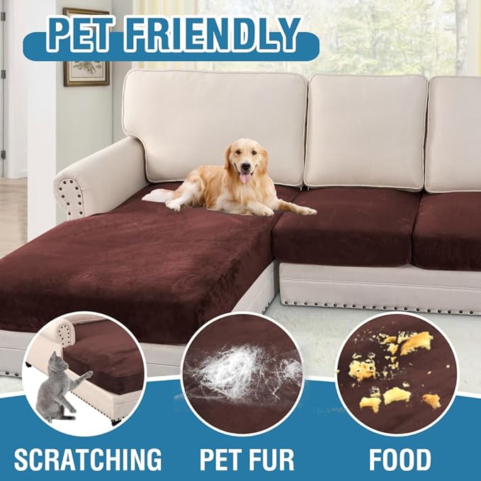 H.VERSAILTEX Velvet Stretch Sectional Couch Covers - 4 Piece L Shape Sofa Seat Cushion Set for 3 Seater + 1 Chaise (Brown)