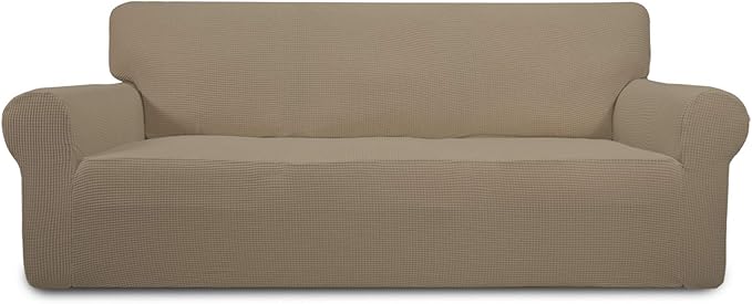 Easy-Going Stretch Sofa Slipcover 1-Piece Sofa Cover Furniture Protector Couch Soft with Elastic Bottom for Kids, Polyester Spandex Jacquard Fabric Small Checks (Sofa, Natural)