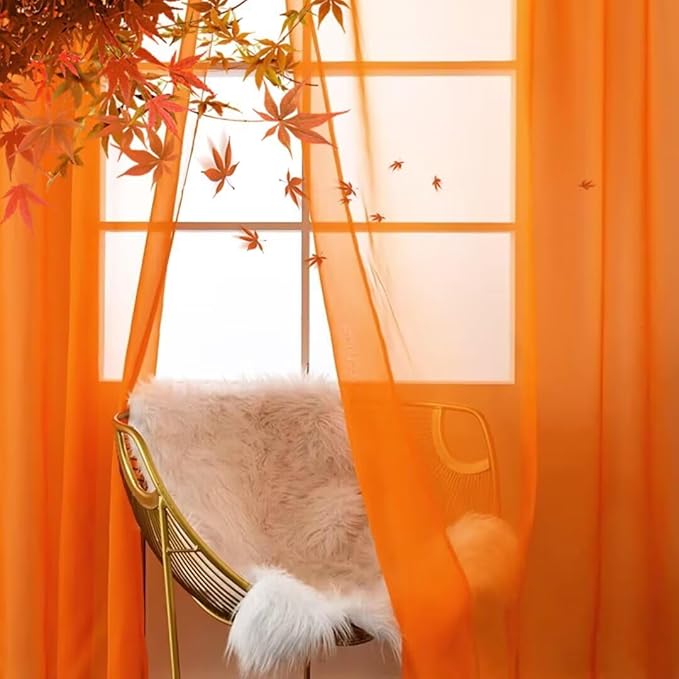 SpaceDresser Basic Rod Pocket Sheer Voile Window Curtain Panels Orange 2 Panels 52 Width 45 Inch Long for Kitchen Bedroom Children Living Room Yard(Orange,52 W x 45 L)