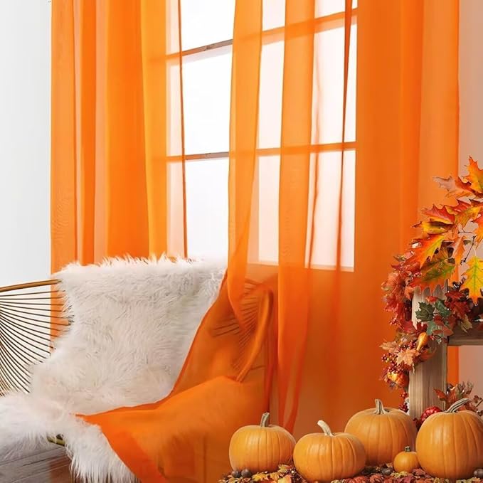 SpaceDresser Basic Rod Pocket Sheer Voile Window Curtain Panels Orange 2 Panels 52 Width 90 Inch Long for Kitchen Bedroom Children Living Room Yard(Orange,52 W x 90 L)