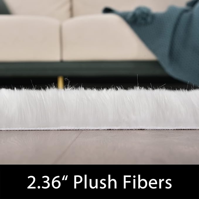 Latepis 2x6 White Runner Faux Fur Sheepskin Rug for Living Room Fluffy Washable Rug for Bedroom, Dorm, Luxury Room Decor, Fur Rugs, Rectangle