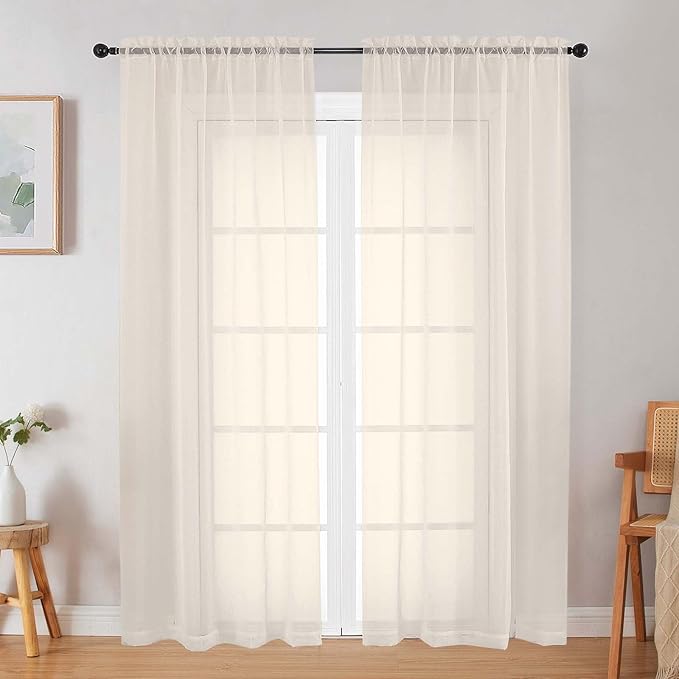 Cream Sheer Curtain for Bedroom Living Room 72 Inches Long 2 Panels Set, Solid Soft Airy Light Filtering Sheer Window Curtains, Modern Rod Pocket Door Curtain, Cream, 42" Wx72 L Inches