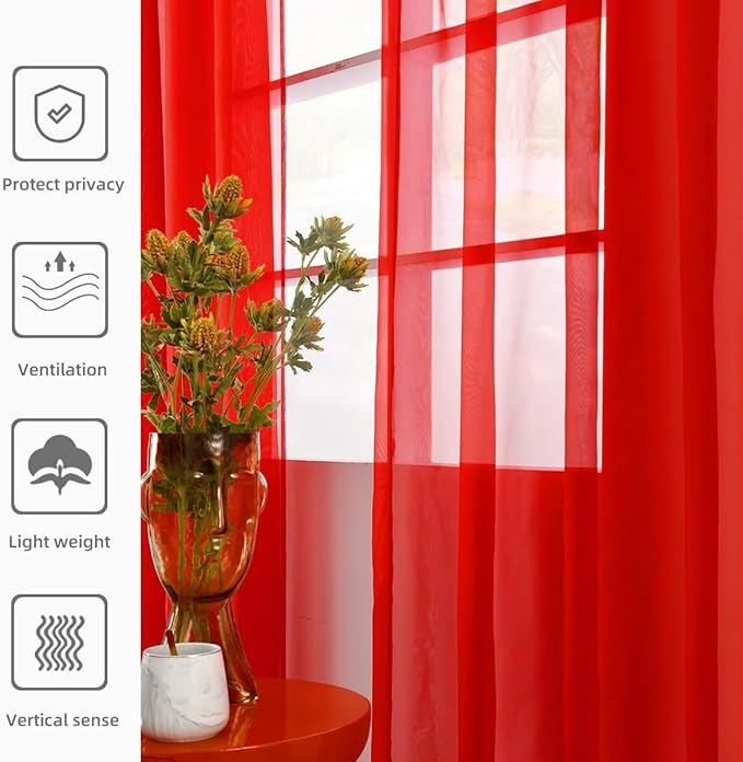 youleyar Solid Sheer Rod Pocket Curtain Voile Draperies 2 Panels White Beige Black Red Coffee 70 Inch Width 108 Inch Long 1 Pair for Kitchen Bedroom Children Living Room Yard(Red,70Wｘ108L)