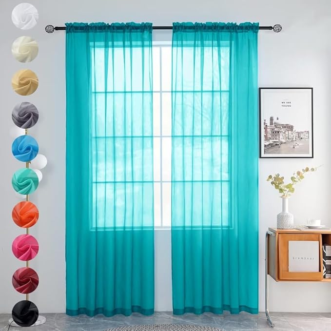 youleyar Solid Sheer Rod Pocket Curtain Voile Draperies 2 Panels White Beige Black Grey Coffee 52 Inch Width 54 Inch Long 1 Pair for Kitchen Bedroom Children Living Room Yard (Peacock Blue,52Wｘ54L)