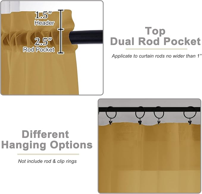 Gold Kitchen Curtains 30 Inch Length Tier 2 PCS, Solid Soft Airy Half Curtains for Windows, Gold Sheer Rod Pocket Drapes for Bathroom Basement Small Window, 42" Wx30 L Inches