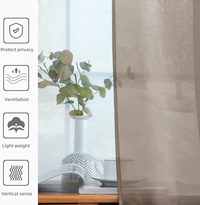 youleyar Solid Sheer Rod Pocket Curtain Voile Draperies 2 Panels White Beige Black Grey Ivory 52 Inch Width 63 Inch Long 1 Pair for Kitchen Bedroom Children Living Room Yard (Taupe,52Wｘ63L)