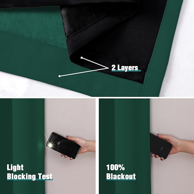 ChrisDowa 100% Blackout Curtains for Bedroom with Black Liner, 2 Thick Layers Total Blackout Thermal Insulated Grommet Window Curtains 2 Panels Set (Forest Green, 52 x 63 Inch)