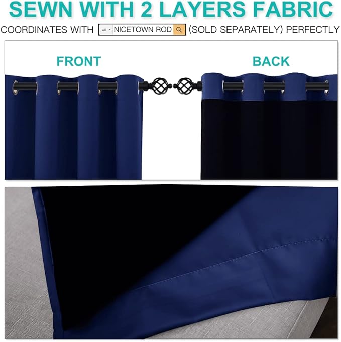 NICETOWN 100% Blackout Curtains 108 inches Long, Noise Reduction Window Treatment Curtains, Thermal Insulated Energy Smart Drapes and Draperies for Apartment Decor, Royal Blue, Set of 2, 52 inches W