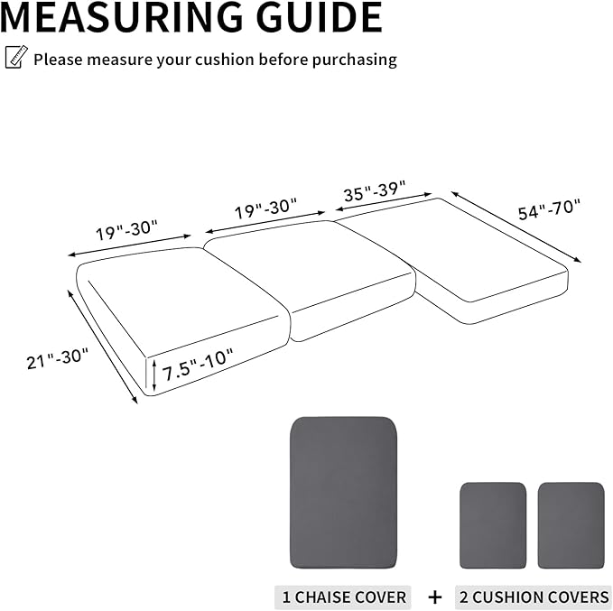 Easy-Going Stretch 3 Pieces Couch Cushion Covers for Sectional Sofa Left/Right L Shape Chaise Lounge Sofa Seat slipcover Anti-Slip Sofa Cover Soft (2 Seater + 1 Chaise, Grey)