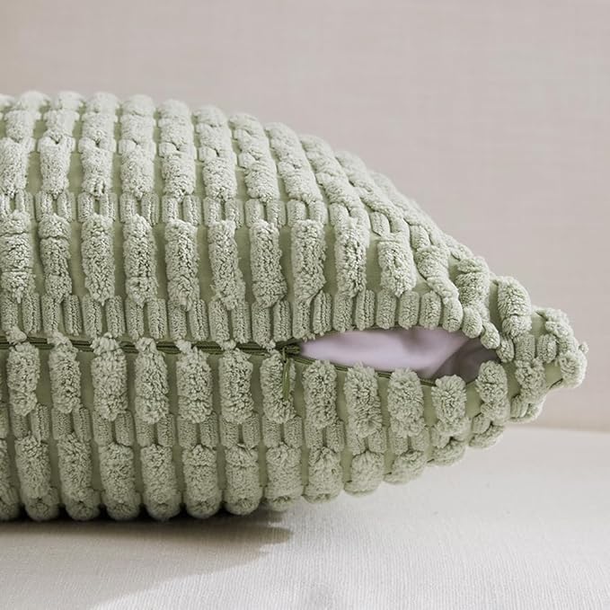 Fancy Homi 4 Packs Sage Green Decorative Throw Pillow Covers 26x26 Inch for Living Room Couch Bed Sofa, Rustic Farmhouse Boho Home Decor Soft Plush Striped Corduroy Square Cushion Case 66x66 cm