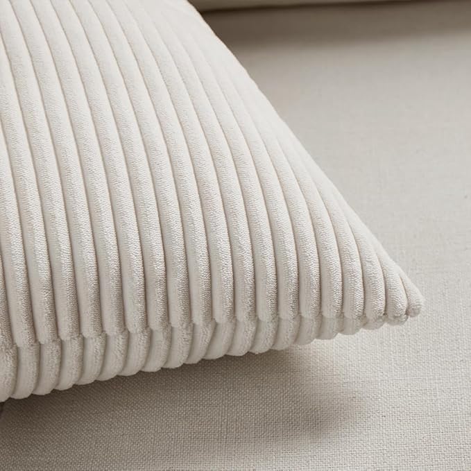 Fancy Homi 2 Packs Cream Long Lumbar Decorative Throw Pillow Covers 16x24 Inch for Couch Bed Sofa, Rustic Farmhouse Boho Home Decor, Soft Striped Corduroy Rectangle Accent Cushion Case 40x60 cm