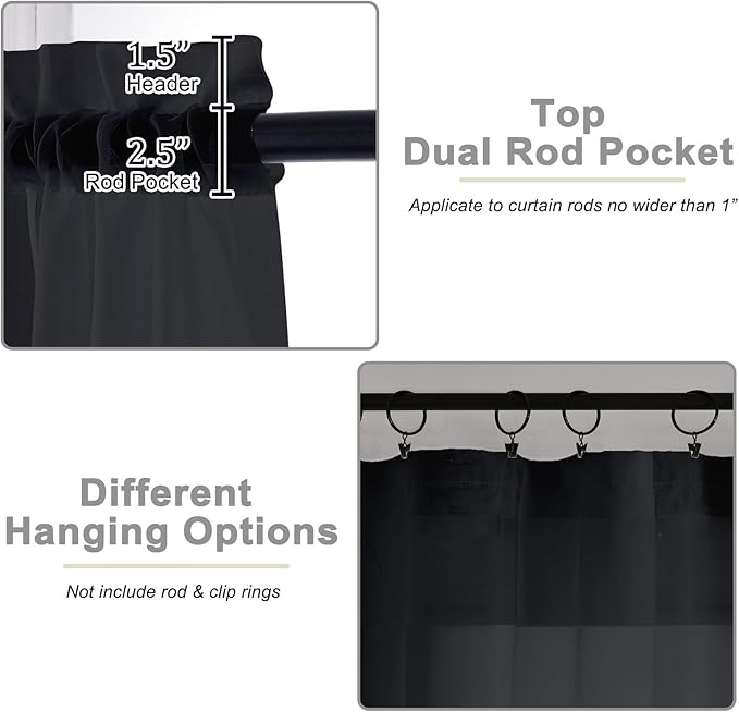 Sheer Black Curtains for Bedroom Living Room 63 Inch Length 2 Panels, Airy Soft Light Filtering Sheer Dining Room Curtains, Modern Rod Pocket Drapes, Black, Each 42" Wx63 L Inches