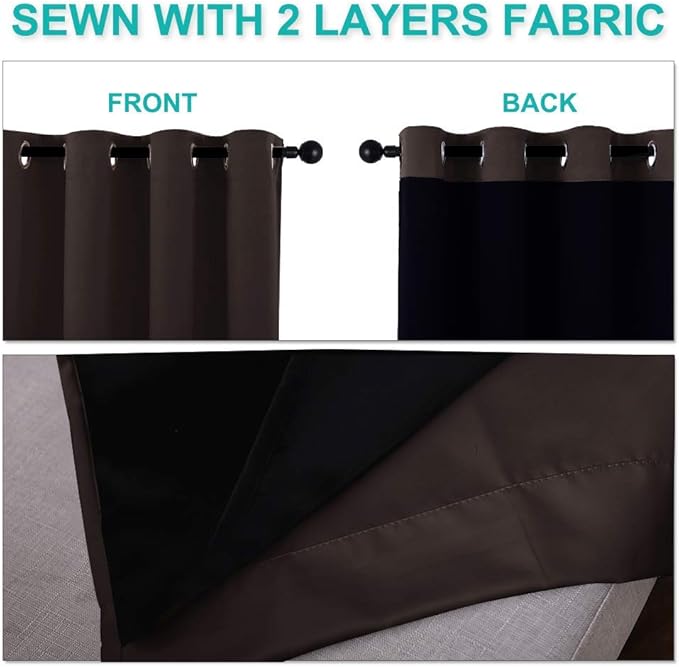 NICETOWN 100% Blackout Window Curtain Panels, Brown, 2 Pieces, 70-inch Wide Per Panel, Full Light Blocking Drapes with Black Liner for Nursery, 72-inch Drop Thermal Insulated Draperies