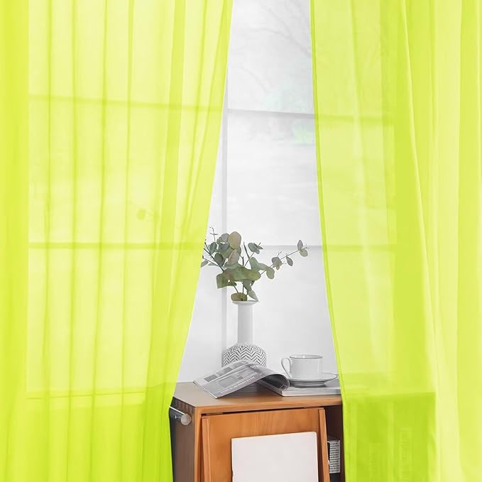 youleyar Solid Sheer Rod Pocket Curtain Voile Draperies 2 Panels White Beige Black Grey Ivory 52 Inch Width 90 Inch Long 1 Pair for Kitchen Bedroom Children Living Room Yard (Chartreuse,52Wｘ90L)