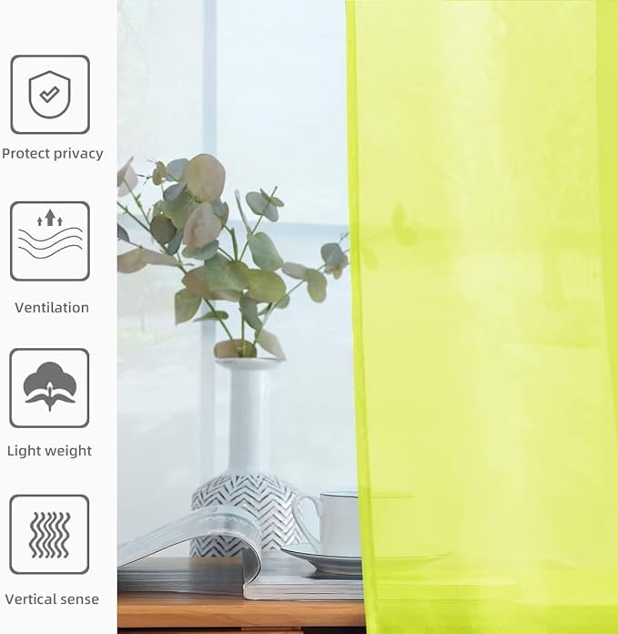 youleyar Solid Sheer Rod Pocket Curtain Voile Draperies 2 Panels White Beige Black Grey Ivory 52 Inch Width 90 Inch Long 1 Pair for Kitchen Bedroom Children Living Room Yard (Chartreuse,52Wｘ90L)