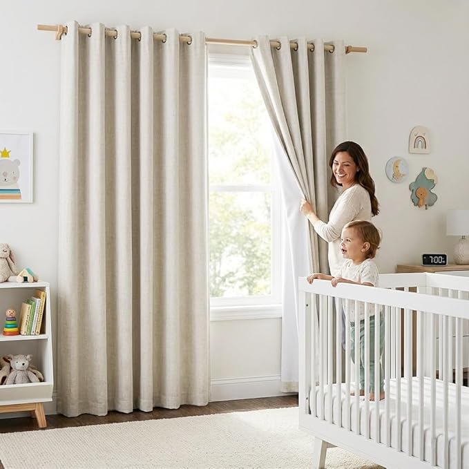 NICETOWN Farmhouse Style 100% Blackout Natural Linen Warm Curtains 90 inches Length for Winter, 2 Panels, 52" W, Cold Reducing Window Draperies with Thermal Insulated Liners for Dining Room