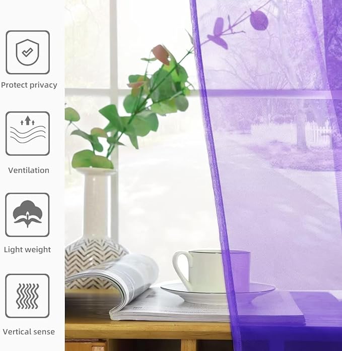 youleyar Solid Sheer Rod Pocket Curtain Voile Draperies 2 Panels White Beige Black Ivory Coffee 22 Inch Width 50 Inch Long 1 Pair for Kitchen Bedroom Children Living Room Yard(Purple,22W x 50L)