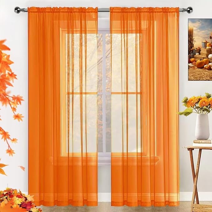 SpaceDresser Basic Rod Pocket Sheer Voile Window Curtain Panels Orange 2 Panels 52 Width 108 Inch Long for Kitchen Bedroom Children Living Room Yard(Orange,52 W x 108 L)