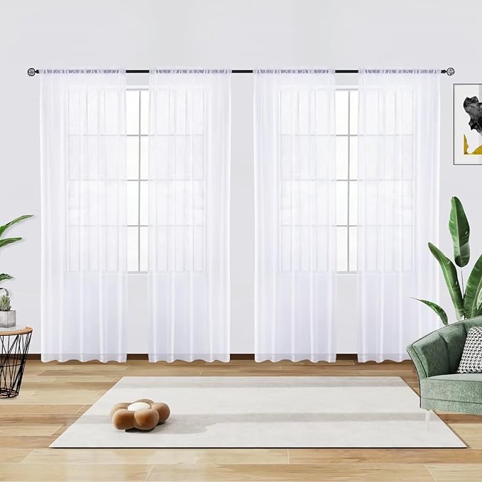 youleyar Solid Sheer Rod Pocket Curtain Voile Draperies 4 Panels White Beige Black Grey Ivory 52 Inch Width 90 Inch Long 1 Pair for Kitchen Bedroom Children Living Room Yard(Optical White,52 Wｘ90 L)