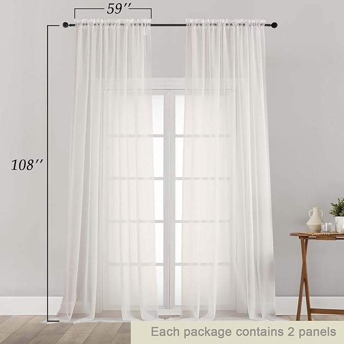Extra Long Sheer Ivory Curtains for Bedroom Living Room 108 Inches Long 2 Panels Set, Solid Soft Light Filtering Rod Pocket Sheer Window Curtains, Ivory, Each 59" Wx108 L Inch