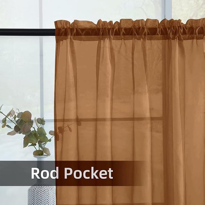 youleyar Solid Sheer Rod Pocket Curtain Voile Draperies 2 Panels White Beige Black Grey Ivory 52 Inch Width 54 Inch Long 1 Pair for Kitchen Bedroom Children Living Room Yard (Light Brown,52Wｘ54L)