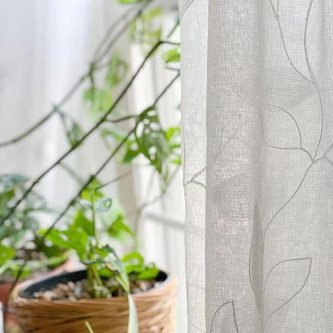 HOMEIDEAS White Sheer Curtains 52 X 96 Inches Long 2 Panels Embroidered Leaf Pattern Pocket Faux Linen Floral Semi Sheer Voile Window Curtains/Drapes for Bedroom Living Room