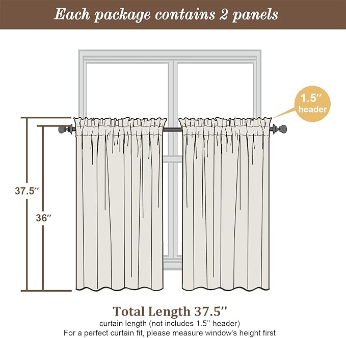 Chyhomenyc Sheer Curtains 36 inch Length 2 Panels Set - Light Filtering Voile Rod Pocket Short Window Curtians for Bathroom Living Room Farmhouse Small Windows, 42Wx36L inches, Light Yellow