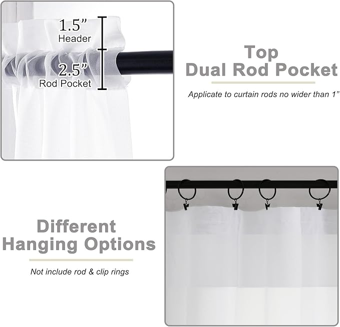 Extra Long Sheer White Curtains for Bedroom Living Room 120 Inches Long 2 Panels Set, Solid Soft Light Filtering Rod Pocket Sheer Window Curtains, White, Each 59" Wx120 L Inch
