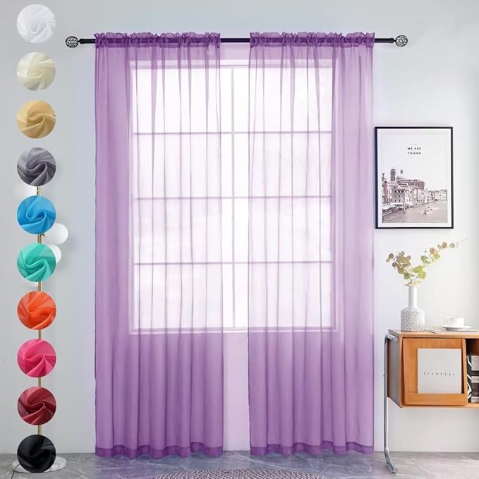 youleyar Solid Sheer Rod Pocket Curtain Voile Draperies 2 Panels White Beige Black Grey Coffee 52 Inch Width 90 Inch Long 1 Pair for Kitchen Bedroom Children Living Room Yard (Lavender,52Wｘ90L)
