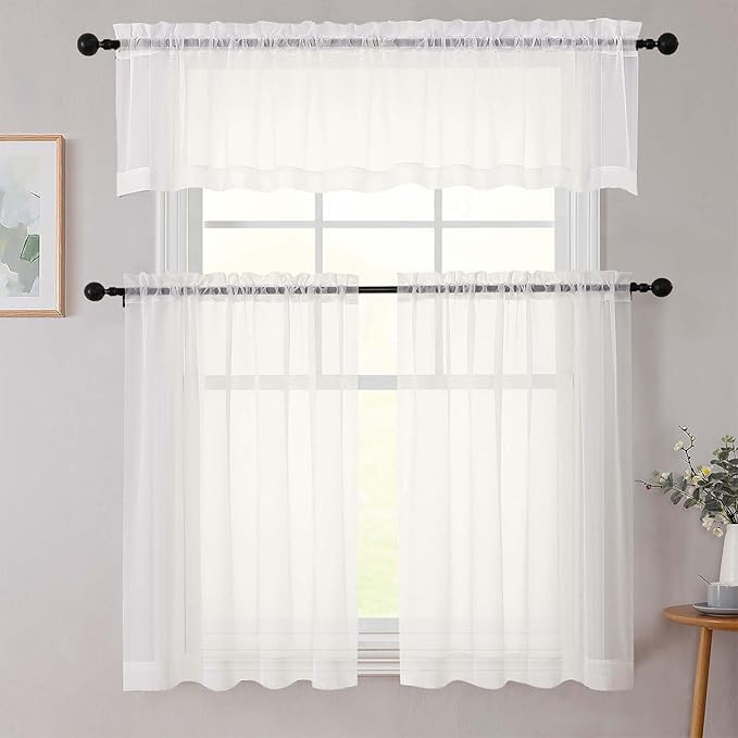 Ivory Kitchen Curtains 30 Inch Length Tier 2 PCS, Solid Soft Airy Half Curtains for Windows, Ivory Sheer Rod Pocket Drapes for Bathroom Basement Small Window, 42" Wx30 L Inches