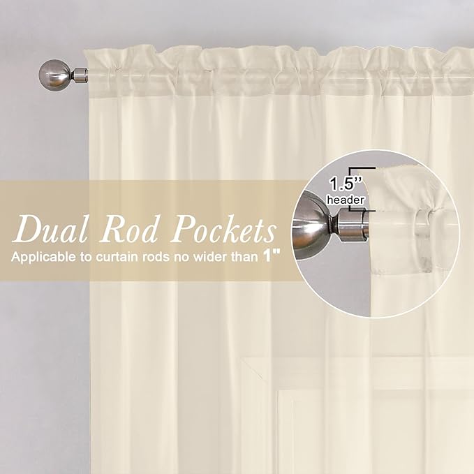 Lecloud Cream Sheer Curtains 84 Inches Long 2 Panels Set, Elegant Light Filtering Window Curtains with Rod Pocket, Airy Voile Transparent Dreaps for Living Room Decor, Each Panel 42 X 84 Inch